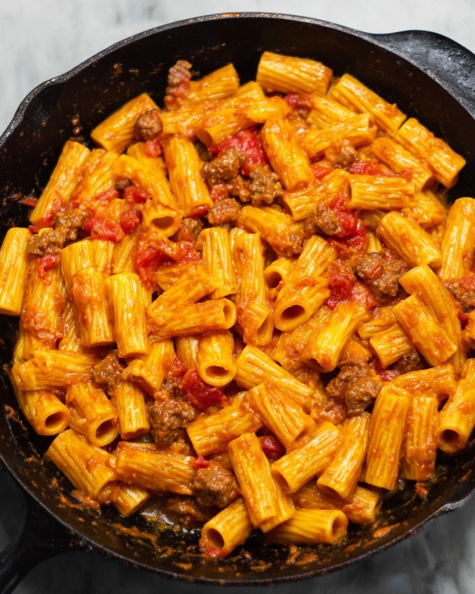 A white bowl filled with rigatoni pasta covered in a thick brownish-red meat sauce mixed evenly through the pasta. Small green basil leaves are scattered on top, along with a light dusting of grated cheese. The pasta looks soft and has a textured, ridged surface. The bowl sits on a white marbled surface with a white cloth underneath, showing part of a wooden spoon and a small glass bowl with grated cheese beside it. Photo taken with an iphone --ar 4:5 --v 7