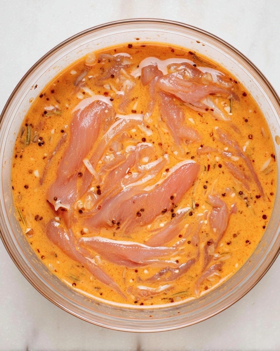A clear glass bowl filled with several long strips of raw meat soaked in an orange marinade, which has a creamy texture mixed with small black specks and tiny white bits spread evenly throughout the liquid. The meat strips are partially submerged and visible through the marinade, showing a soft pink color. The bowl sits on a white marbled surface, and the image is shot from above, focusing on the contents inside the bowl. photo taken with an iphone --ar 4:5 --v 7