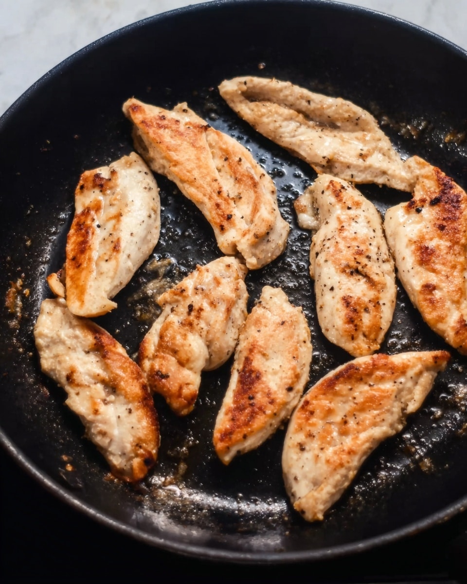 The image shows eight pieces of light brown cooked chicken strips placed on a black frying pan. The chicken strips have a slightly crispy texture, with some darker brown grill marks and small black pepper specks scattered on them. The pan is shiny with small bits of cooking oil visible around the chicken pieces. The background is a white marbled texture. photo taken with an iphone --ar 4:5 --v 7