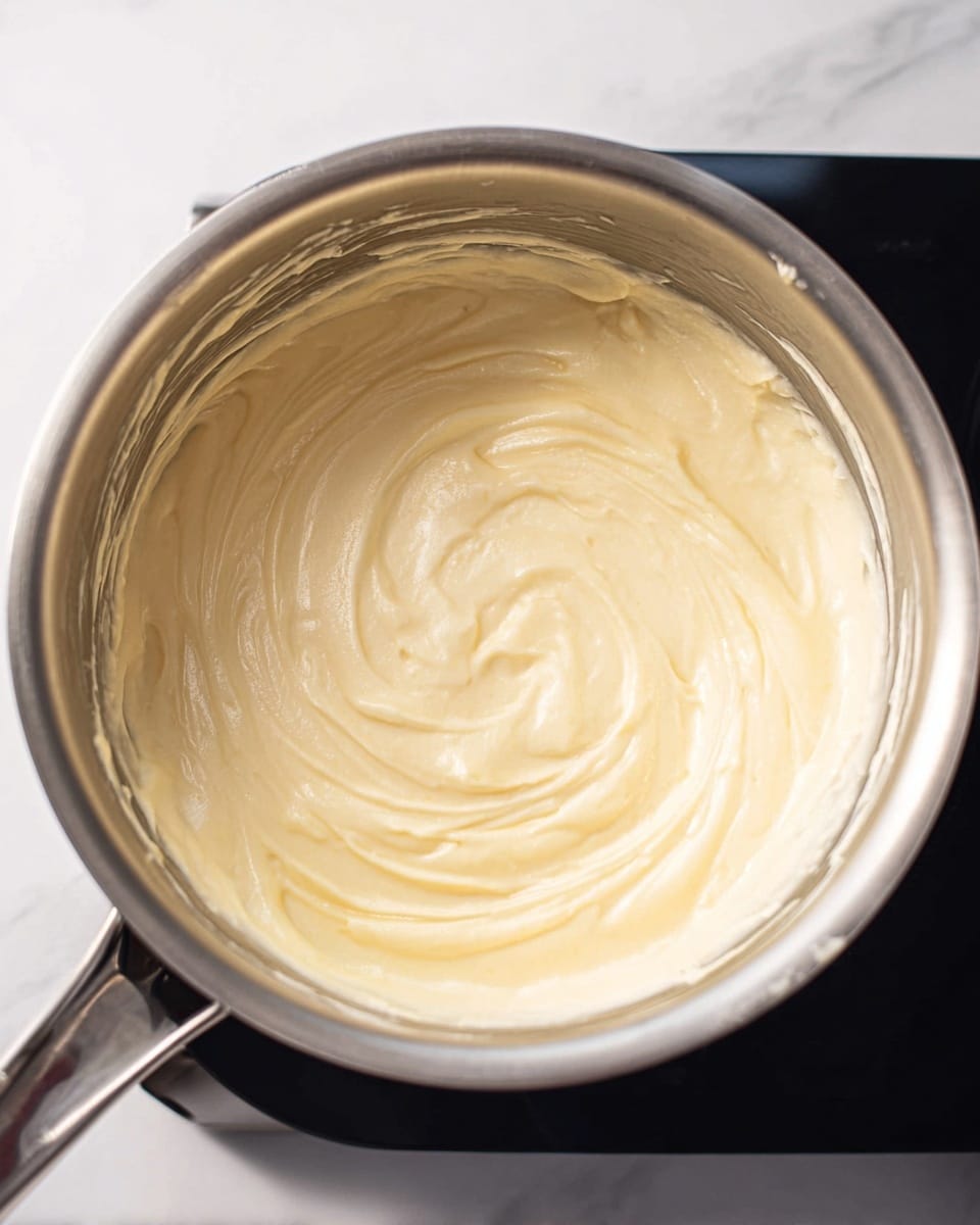 A close-up top view of a shiny metal saucepan filled with a smooth, thick, pale yellow creamy mixture with soft swirls and small lumps, sitting on a black stovetop with a white marbled surface partially visible in the background. The inside walls of the saucepan have streaks of the creamy mixture, showing the texture and thickness of the blend. photo taken with an iphone --ar 4:5 --v 7