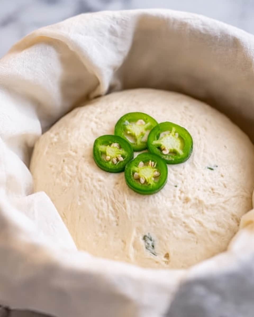 A round dough ball rests in a white cloth inside a baking container. The dough is pale and smooth with a slightly uneven surface texture. On top, there are three bright green slices of jalapeño pepper arranged near the center, showing clear seeds and inner structure. The soft folds of the white cloth frame the dough gently. The background features a white marbled texture. photo taken with an iphone --ar 4:5 --v 7