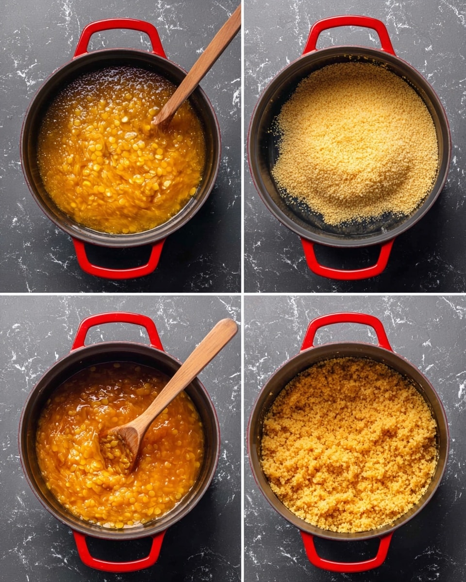 A set of four photos shows the cooking process of a yellow lentil dish inside a black pot with red handles. In the first photo, whole yellow lentils float in a cloudy light brown liquid filling the pot. The second photo shows the lentils softened and thickened in a warm orange liquid, with a wooden spoon resting inside. The third image adds a thick layer of pale yellow grain on top of the cooked lentils, with the wooden spoon partially buried in the grains. In the last photo, the lentils and grains are fully mixed into a crumbly textured, bright golden mixture with the wooden spoon inside the pot. All photos have a dark gray background replaced by a white marbled texture and the pot is on this surface, photo taken with an iphone --ar 4:5 --v 7