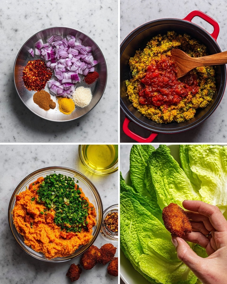 In the top left, a silver pan holds chopped purple onions, red chili flakes, red tomato paste, yellow powdered spice, black pepper, and salt, all arranged in separate small piles. The top right shows a black pot with red handles filled with a mix of cooked yellow grain and thick red sauce, with a wooden spoon dipped inside. Bottom left features a transparent bowl filled with an orange mash topped with bright green chopped scallions and two types of chopped green herbs covering half of the surface. Bottom right shows a white plate with green lettuce leaves neatly arranged and holding several small oval brown fried pieces, while a woman's hand holds one piece over a transparent bowl filled with the same orange mash, and a small glass bowl with light yellow oil is nearby. The setting is on a white marbled surface photo taken with an iphone --ar 4:5 --v 7