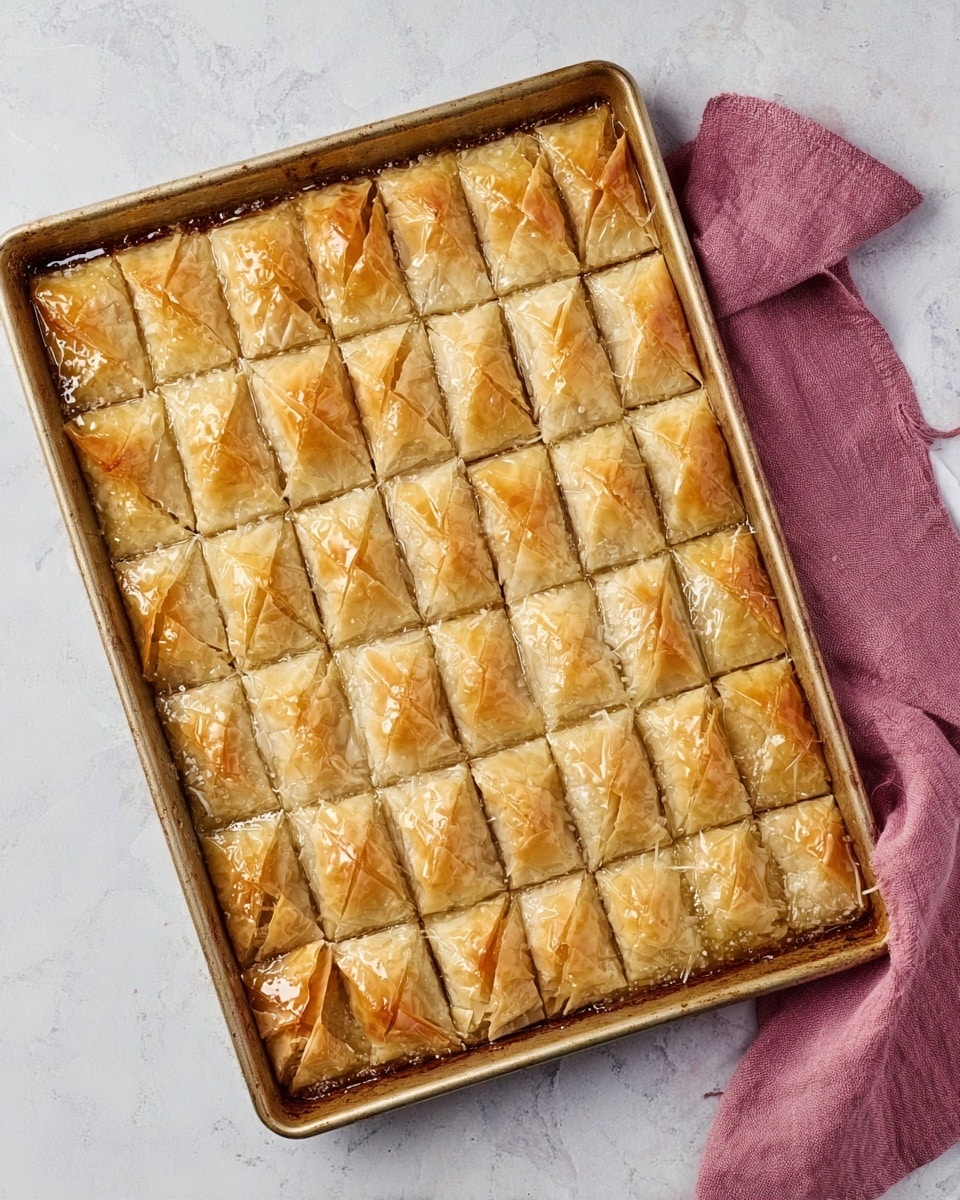 A large rectangular baking tray filled with neatly arranged diamond-shaped pieces of light golden brown pastry, showing flaky layers on top with a slightly shiny texture suggesting a syrup glaze. The tray is placed on a white marbled surface, with a folded dusty rose pink cloth napkin to the top right corner. Photo taken with an iphone --ar 4:5 --v 7