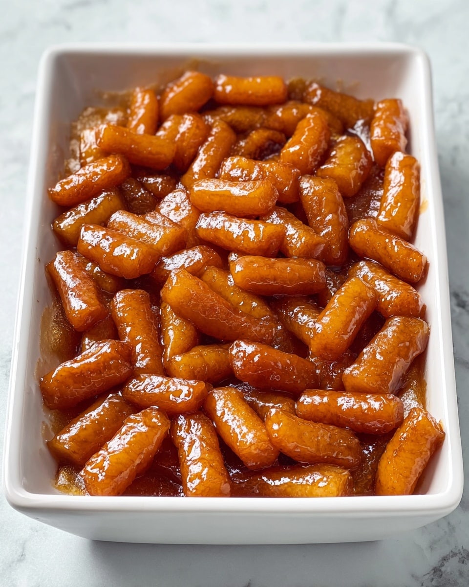 A white rectangular dish filled with many small, thick, shiny brown pieces that look slightly curved and smooth. They are evenly spread out and covered in a light syrup or glaze that gives them a glossy look. The dish sits on a white marbled surface, making the warm golden brown color of the pieces stand out. There is no other visible layer or decoration. photo taken with an iphone --ar 4:5 --v 7