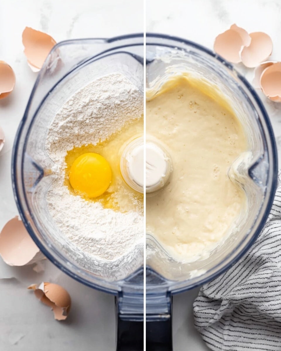 The image shows a clear blender container with two views: the left side displays dry and wet ingredients layered inside. At the bottom is a light yellow liquid with an egg on top, surrounded by white flour and a white powder, likely sugar or baking powder. The right side shows the same blender after blending, filled with a smooth, creamy, pale cream-colored batter. The blender is placed on a white marbled surface with a gray and white striped cloth and broken eggshells nearby. photo taken with an iphone --ar 4:5 --v 7