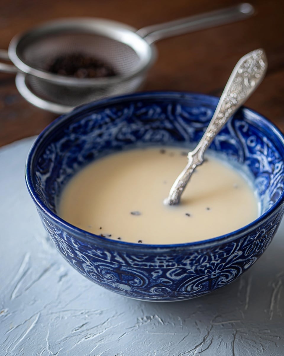 Two white teacups with blue vertical stripes around the sides sit on matching white saucers with the same blue stripe pattern, placed on a wooden surface. Each cup is filled with light beige tea, and the front cup is garnished with small purple flower petals floating on top. A small silver spoon rests beside the front cup, while a blue teapot with a textured surface is slightly blurred in the background along with some white flowers. The scene is softly lit, creating a calm and cozy atmosphere. photo taken with an iphone --ar 4:5 --v 7