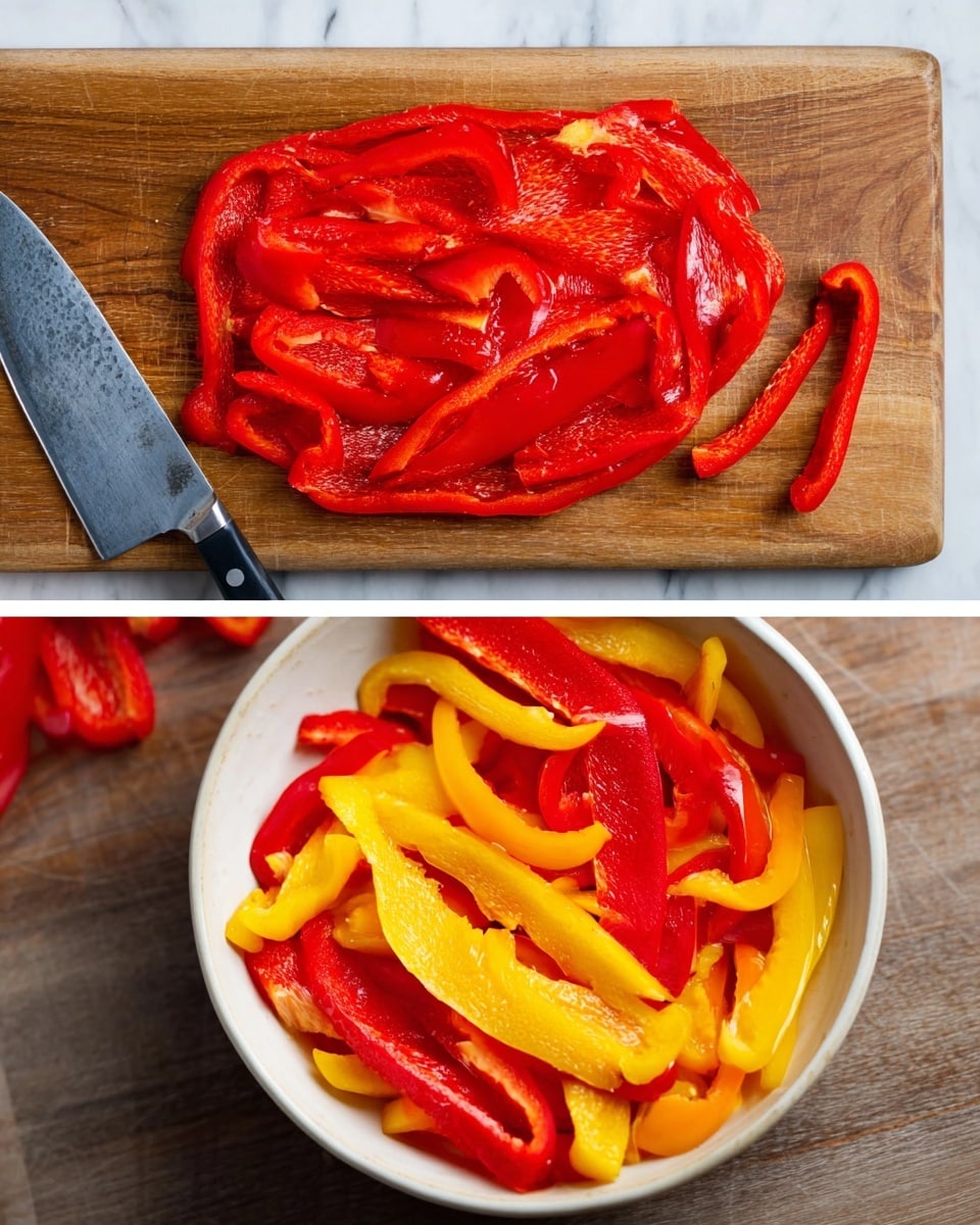 The first image shows a wooden cutting board on a white marbled surface with one large, flat layer of bright red roasted pepper slices spread out in an oval shape in the center, and several curved red pepper strips placed neatly near the top edge. A large silver knife with a black handle lies near the bottom left corner of the cutting board. The second image displays a white bowl filled with two layers of roasted pepper strips, one mainly red and the other mainly yellow, mixed together in a casual, uneven pile with some visible texture showing the softness and slight shine of the peppers. photo taken with an iphone --ar 4:5 --v 7