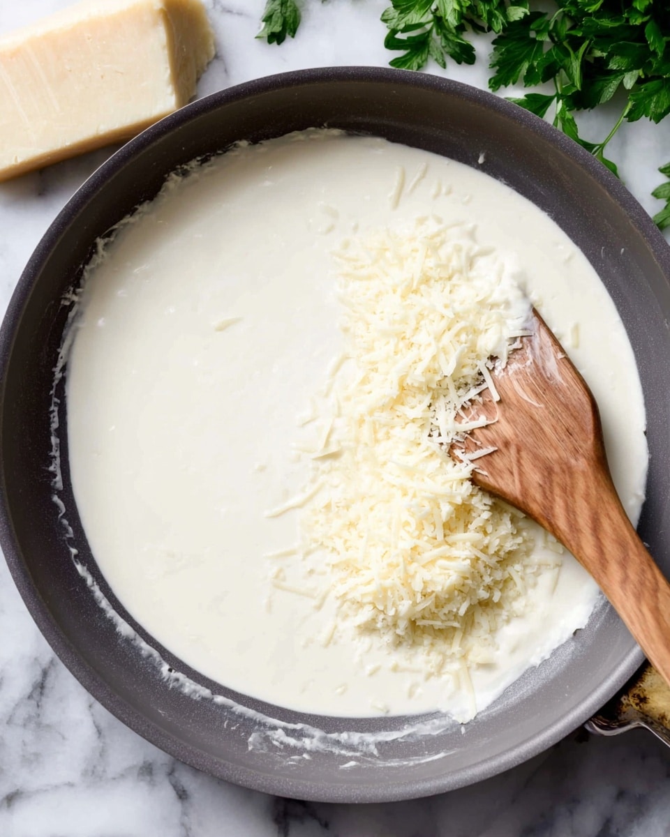 The image shows a close-up of a black frying pan filled halfway with a white creamy sauce. On top of the sauce, there is a neat pile of pale yellow cooked pasta arranged in a slightly messy way. A wooden spoon rests inside the pan, touching the sauce and pasta. The frying pan is placed on a white marbled surface. Photo taken with an iphone --ar 4:5 --v 7