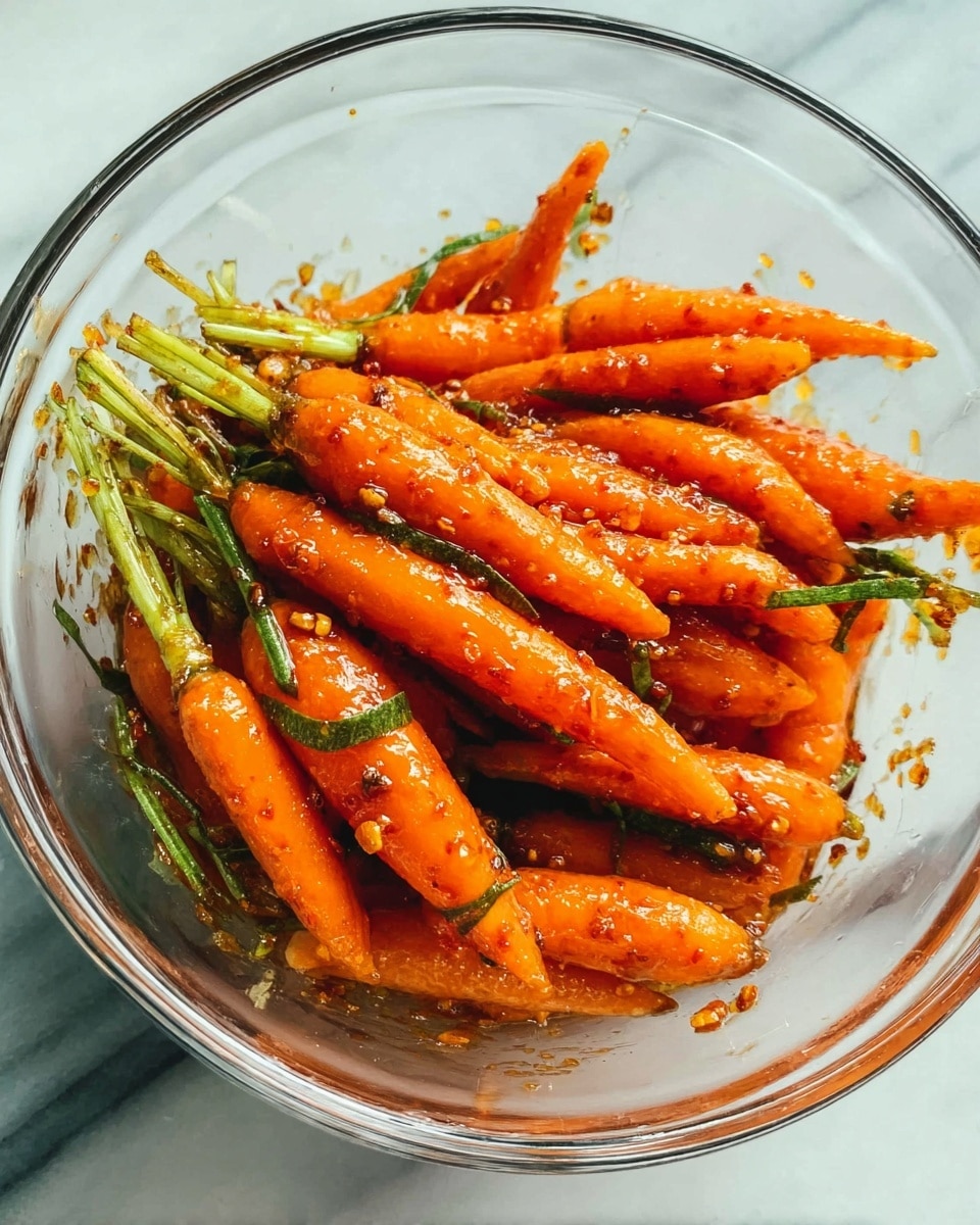 A clear glass bowl filled with many small orange carrots with green tops. The carrots are covered in a thick, chunky sauce with visible spices, giving the carrots a shiny and textured look. The carrots are piled, some laying flat and some leaning, showing their bright orange color and green stems sticking out. The bowl sits on a white marbled surface. Photo taken with an iphone --ar 4:5 --v 7
