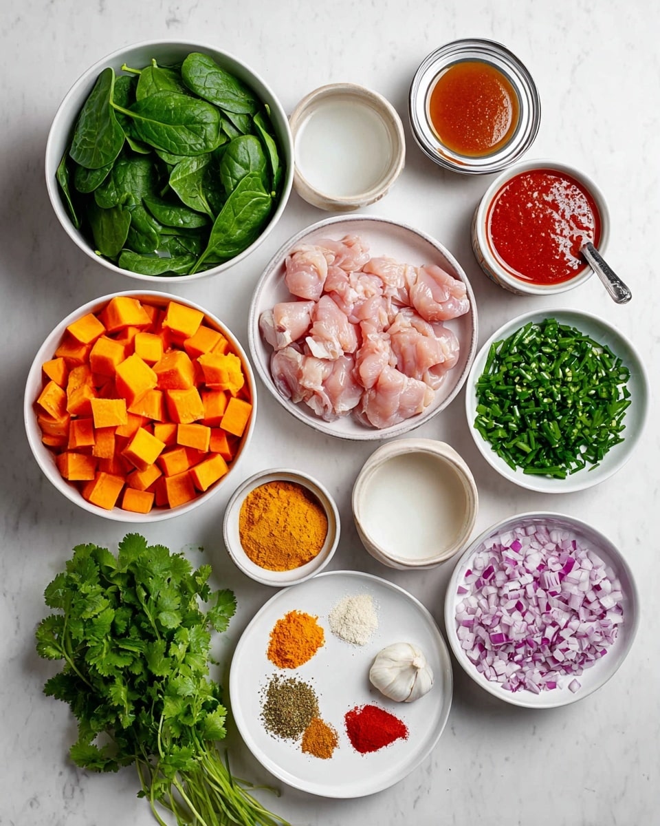 The image shows various ingredients arranged on a white marbled surface. There are eleven white bowls and a glass jug containing the ingredients. One large white bowl is filled with vibrant green spinach leaves, located on the top left. Below it, another large white bowl holds cubed orange sweet potatoes. At the center bottom, a white plate contains different ground spices in piles of bright yellow, brown, orange, black, and white colors. Moving clockwise, a bunch of fresh green cilantro rests near the spices. Above the cilantro, a medium white bowl holds raw pink chicken pieces. To the left of the chicken, there is a white bowl filled with chopped green chilies. Next to the green chilies on the left, a small beige bowl has white solid coconut oil. Above it, a small white bowl contains a small pile of yellow ginger paste. To the left of the ginger paste, another white bowl holds finely chopped white garlic. Next to the garlic, a medium white bowl is filled with diced purple onions. Above the onions, a glass jug contains a bright red sauce. Above the jug, there is an opened can with white coconut milk spilling out. The image is bright, clean, and organized, shot from above with soft natural light, photo taken with an iphone --ar 4:5 --v 7
