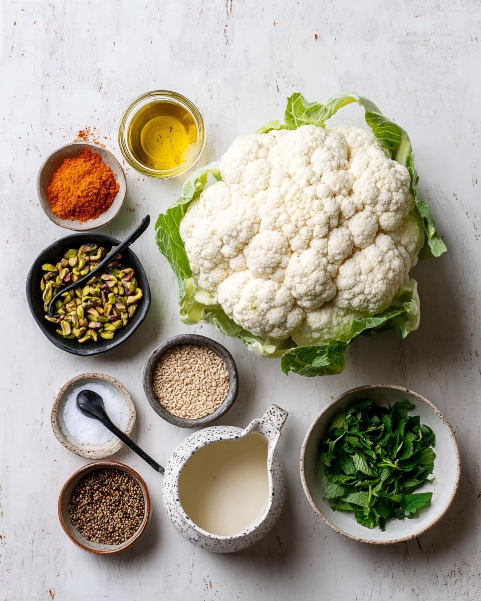 A large white cauliflower with green leaves sits in the center on a white marbled surface. Around it, there are seven small bowls and a small jug arranged in a loose circle. Starting from the top and moving clockwise, the first bowl contains a bright orange powder, the second has coarse white salt with a black spoon inside, the third holds chopped green pistachios in a black bowl, the fourth is a small glass jar filled with golden olive oil, the fifth is a speckled jug with a light creamy sauce, the sixth bowl holds brown cumin seeds, and the seventh white bowl is filled with fresh green parsley and mint leaves. Photo taken with an iphone --ar 4:5 --v 7