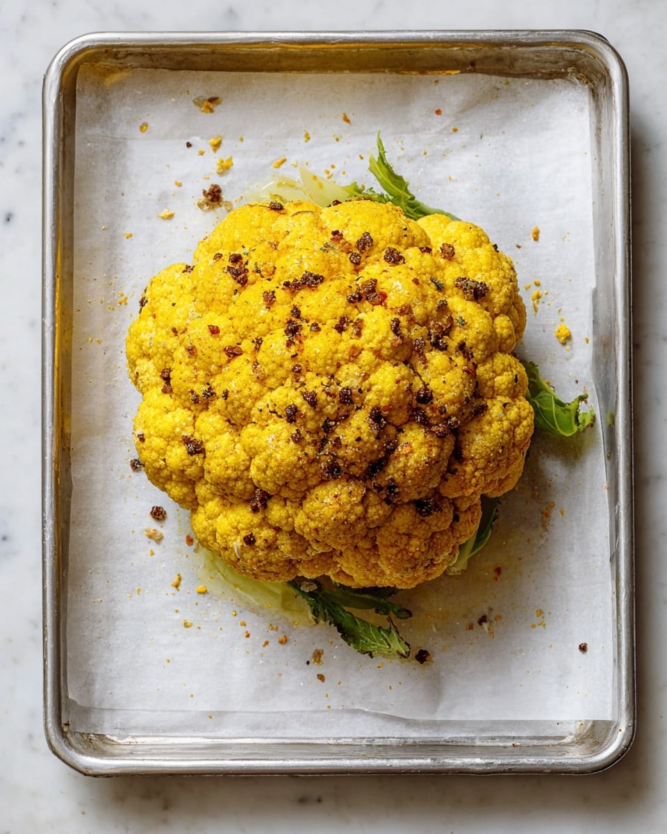 A whole roasted cauliflower sits in the center of a white round plate, with its yellow-golden surface showing charred browned spots and a slightly crispy texture. It is topped with a thick layer of creamy white sauce that drips onto the plate beneath. Scattered on top and around the cauliflower are chopped green herbs and crushed nuts, adding pops of green and brown colors. The plate rests on a white marbled surface, and in the background, a small textured light beige cup is slightly out of focus. Photo taken with an iphone --ar 4:5 --v 7