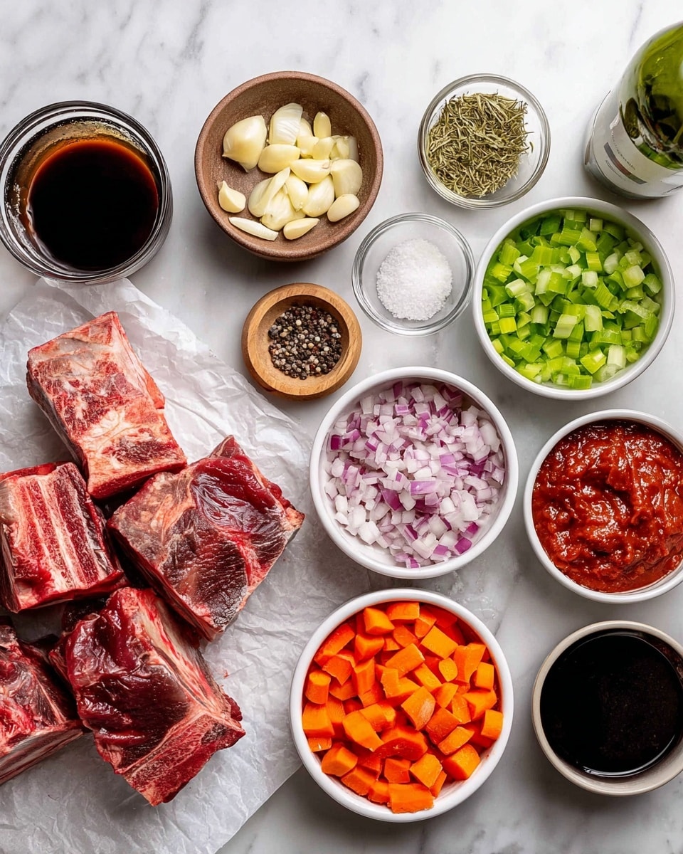 The image shows ingredients arranged on a white marbled surface for a stew or braised dish. At the bottom left, there is a pile of thick raw beef ribs with visible marbling and bones, placed on a piece of white parchment. Above the beef, there is a small brown bowl filled with thin sliced garlic cloves, and to the right of that, a small white bowl packed with bright green chopped celery pieces. Next to the celery, a larger white bowl contains finely chopped red onion with white and purple pieces mixed. To the right of the onion is a small black bowl holding a dark reddish thick paste, likely tomato paste. Below that, a white bowl with a clean cut holds evenly diced orange carrots. Above the carrots is a white bowl with chunky red peeled tomatoes in juice. To the right of the tomatoes, there’s a small round wooden bowl with coarsely ground black pepper and another small dark bowl with white coarse salt. Above these bowls, there is a clear glass bowl with a dark brown liquid, likely beef broth, and a smaller white bowl holding a dark soy sauce. On the top right of the arrangement is a green wine bottle. The background is a clean white marbled surface. Photo taken with an iphone --ar 4:5 --v 7