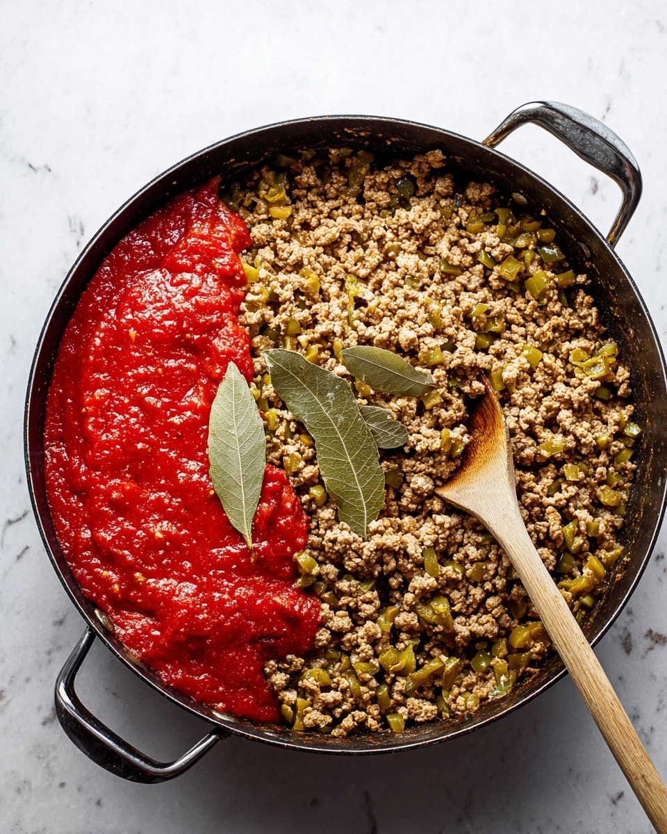 A close-up view of a white pan with black handles filled with a rich brown cooked ground meat mixture, scattered with whole green olives and small bits of herbs and spices throughout. A few whole bay leaves lie on top, adding a touch of green. The pan's inner sides show a reddish-brown sauce residue, and a wooden spoon rests inside the pan on the right side. The pan sits on a white marbled surface with a dark gray textured cloth partially underneath. photo taken with an iphone --ar 4:5 --v 7