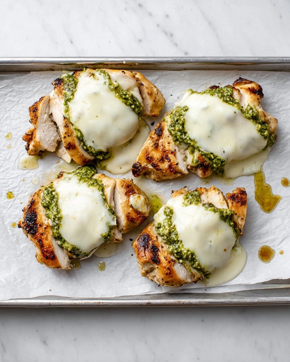 On a white plate, four grilled chicken pieces are laid out, each topped with a green pesto layer, a slice of white melted cheese, and two bright red tomato slices with fresh green basil leaves scattered on top. The chicken has grill marks and a slightly golden-brown texture. A dark balsamic glaze is drizzled over the tomatoes and cheese, adding a shiny contrast. Fresh whole basil leaves are placed around the chicken on the plate. A fork with a silver head and light beige handle rests on the right edge of the plate. The plate is set on a white marbled surface. photo taken with an iphone --ar 4:5 --v 7