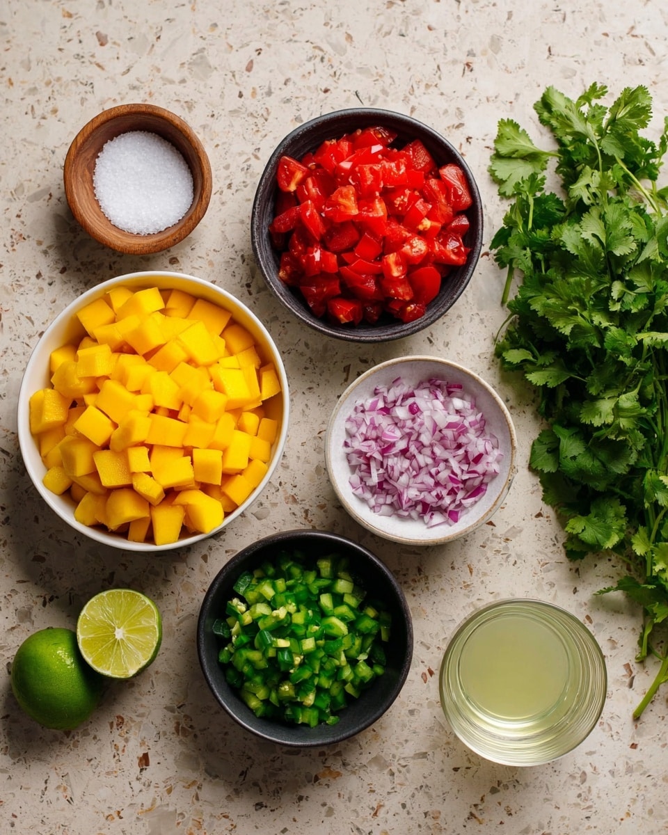 The image shows seven items arranged on a white marbled surface. On the bottom left, there is a white bowl filled with bright yellow diced mango pieces. Above it is a small wooden bowl with white salt. Next to the salt, slightly to the right, is a dark bowl filled with chopped red tomatoes, with their juicy, uneven shapes visible. Below the tomato bowl is a smaller black bowl containing diced green peppers. To the right of the green peppers, there is a white bowl full of finely chopped red onions. Next to that, two halves of a green lime are placed, revealing the pale green juicy interior. Beside the lime is a transparent glass with pale yellow lime juice. On the far right side of the image, a bunch of fresh green cilantro leaves is placed, adding a leafy texture and vibrant green color. Photo taken with an iphone --ar 4:5 --v 7