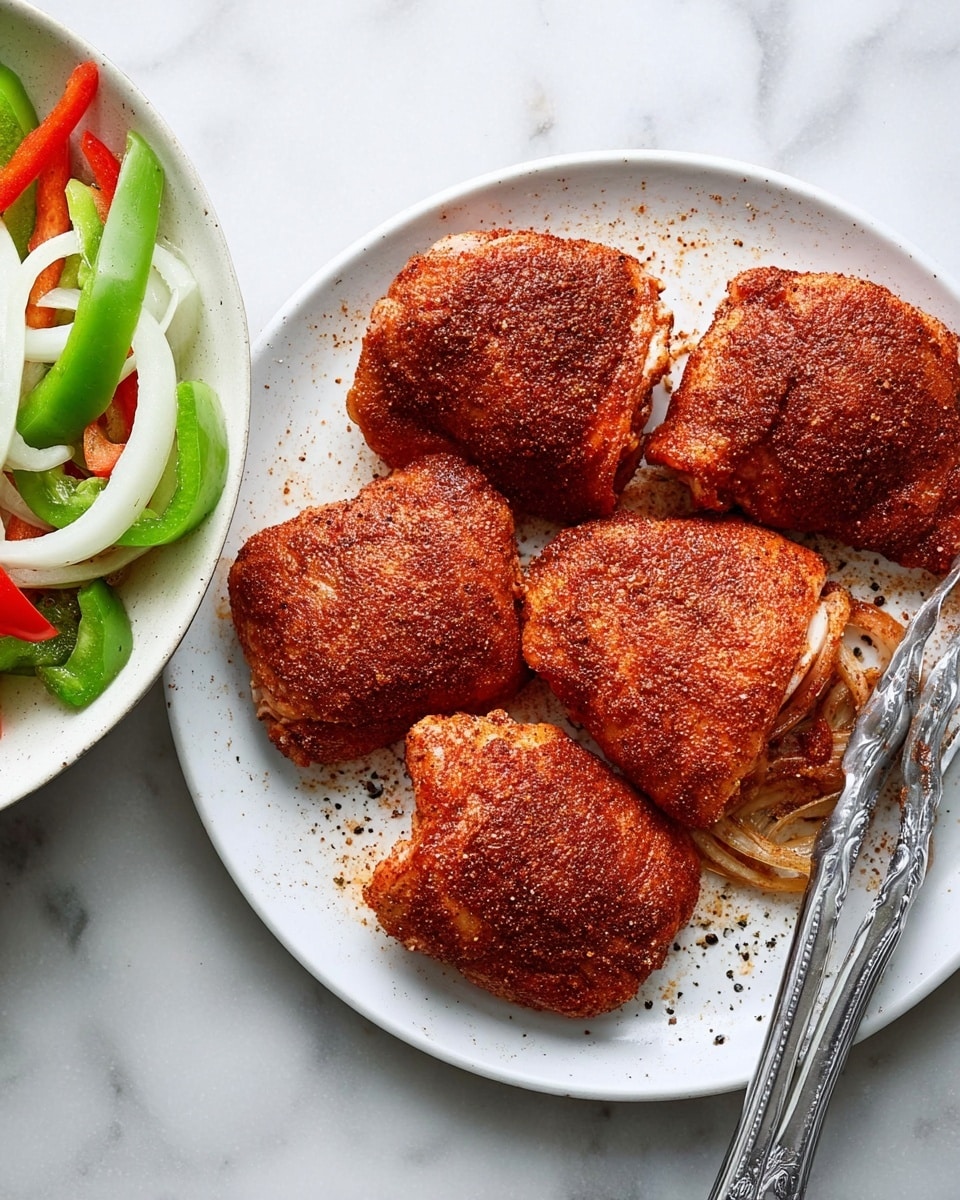 A round white plate holds five pieces of raw chicken thighs, each covered with a thick layer of reddish-brown spice rub, giving a rough textured look. The chicken pieces are arranged close to each other, filling most of the plate. On the right side of the plate, a pair of shiny metal tongs rests partially on the chicken and the plate. Next to this, a round white bowl shows sliced rings of green and red bell peppers with white onion rings underneath, seasoned with ground black pepper. The scene is set on a white marbled surface. photo taken with an iphone --ar 4:5 --v 7