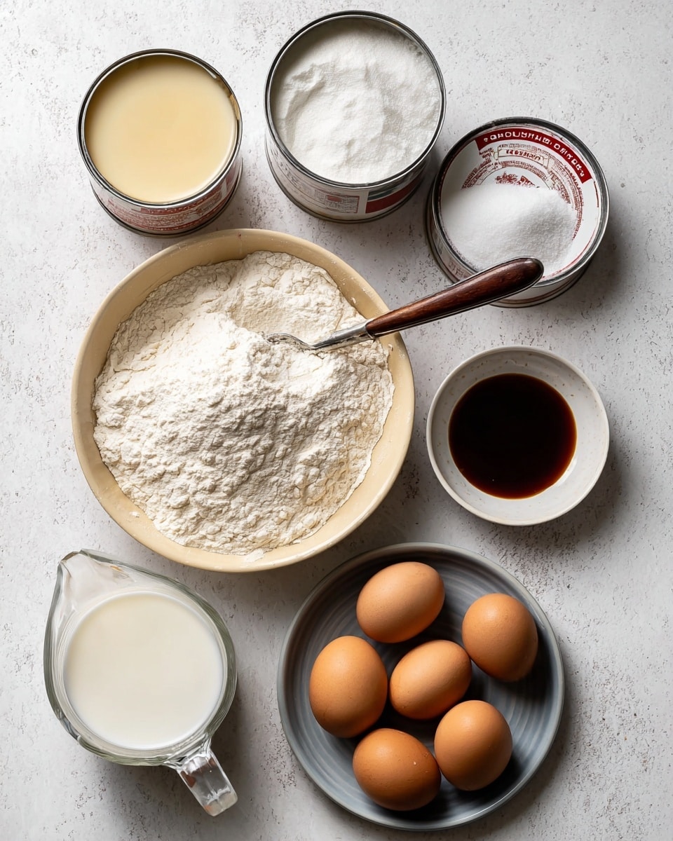 The image shows an arrangement of baking ingredients on a white marbled surface. In the center, there is a beige bowl filled with white flour and a spoon with a brown handle resting inside it. To the right, a small white plate holds a mix of baking powder and salt, and next to it is a small white bowl with dark vanilla extract. Below these, a gray bowl contains five brown eggs. To the left of the eggs, there is a white bowl filled with white sugar. Above the sugar bowl, two open cans are visible, one with sweetened condensed milk and the other with evaporated milk. At the bottom left, a glass measuring cup holds white milk. The photo looks bright and clear, taken with an iphone --ar 4:5 --v 7