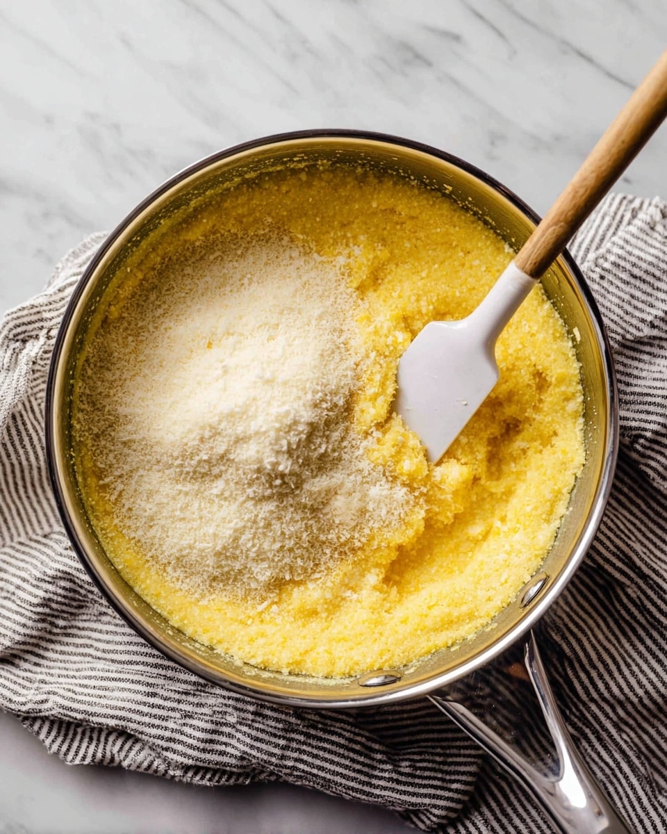 A shiny silver pan sits on a white marbled surface with a black and white striped cloth underneath. Inside the pan, there is a thick, yellow cornmeal mixture that looks soft and slightly grainy, covering most of the bottom and sides. On top of this mixture, there is a pile of fine, light-colored grated cheese, creating a white layer contrasting with the yellow mix. A white spatula with a wooden handle is resting inside the pan, partly submerged in the mixture as if stirring. The overall look is warm and creamy with a mix of smooth and crumbly textures. photo taken with an iphone --ar 4:5 --v 7