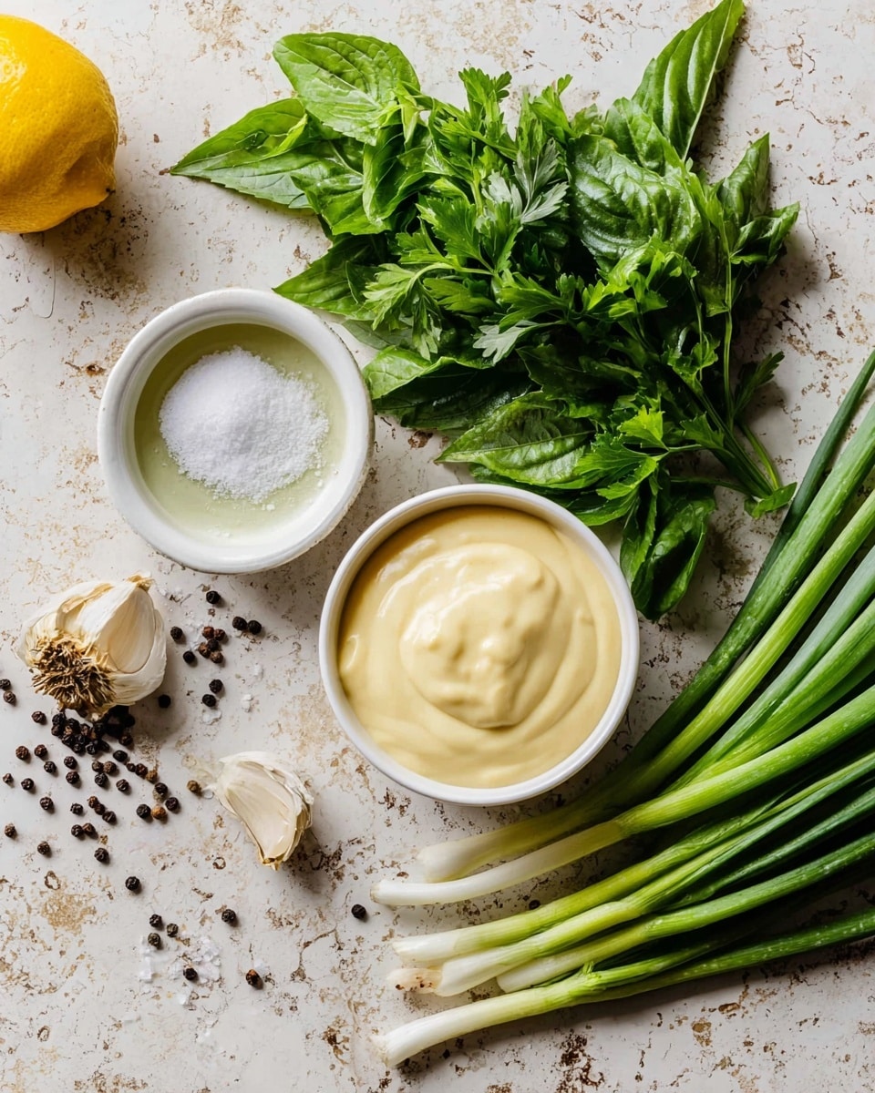 The image shows a white bowl filled with thick, smooth, pale yellow sauce placed near another white bowl containing a lighter, creamy liquid. To the left, a small white bowl holds a whole garlic clove, a dry anchovy, and some salt. Above these bowls, there are fresh green herbs including flat parsley leaves, long green onions, and deep green basil sprigs scattered on a surface with a white marbled texture. A yellow lemon is partially visible on the top left corner, and scattered black peppercorns lie near the basil leaves. The photo is taken with an iphone --ar 4:5 --v 7