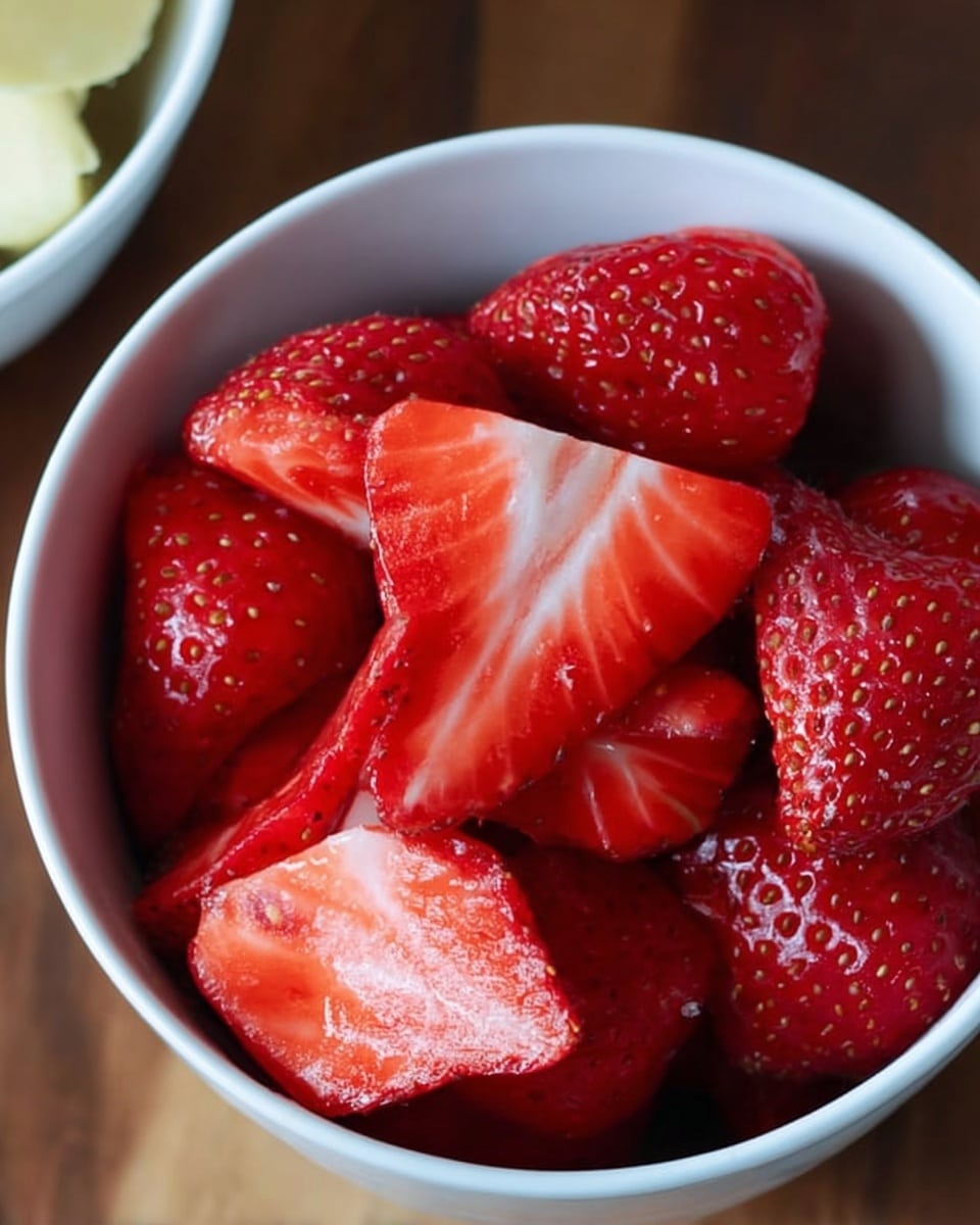 A white bowl filled with large, bright red strawberry halves showing their soft, juicy, and slightly glossy texture. The strawberries have small seeds on the surface and are piled together, some pieces resting on top of others, revealing the white inside flesh near the core. The bowl sits on a wooden surface next to another bowl partially shown in the image. Photo taken with an iphone --ar 4:5 --v 7