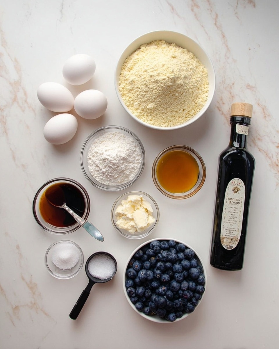 The image shows a white marbled surface with various ingredients neatly arranged: at the top left, four white eggs sit in a small white bowl; below them is a larger white bowl filled with light yellowish almond flour; to the right of that are several small clear glass bowls filled with white coconut sugar, light amber maple syrup, cream cheese, and more maple syrup; a black measuring cup holds a white powder, possibly flour, placed near a small white spoon of salt; near the bottom center is a white bowl filled with dark blue fresh blueberries; and to the right is a tall dark bottle of olive oil with a white label. All items are arranged in a loose circular pattern on the white marbled surface. photo taken with an iphone --ar 4:5 --v 7
