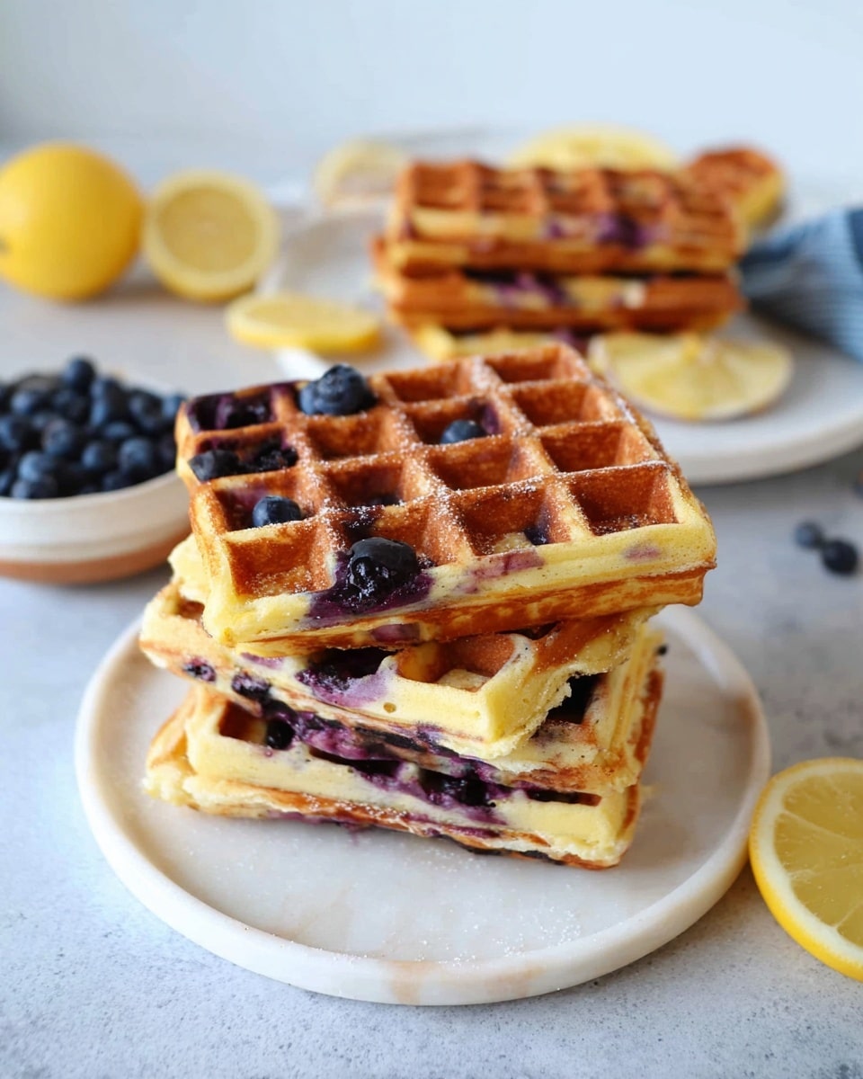 A stack of four square blueberry waffles is piled on a white plate with a brown rim, placed on a white marbled surface. The waffles have a golden brown color with visible blueberries inside. Thick brown sauce is poured generously, dripping down the sides of the waffles. On top, there is a heap of shiny, dark blue blueberries. In the background, more waffles on a white plate with lemon slices and a small white bowl filled with fresh blueberries are softly blurred. The photo is taken with an iphone --ar 4:5 --v 7