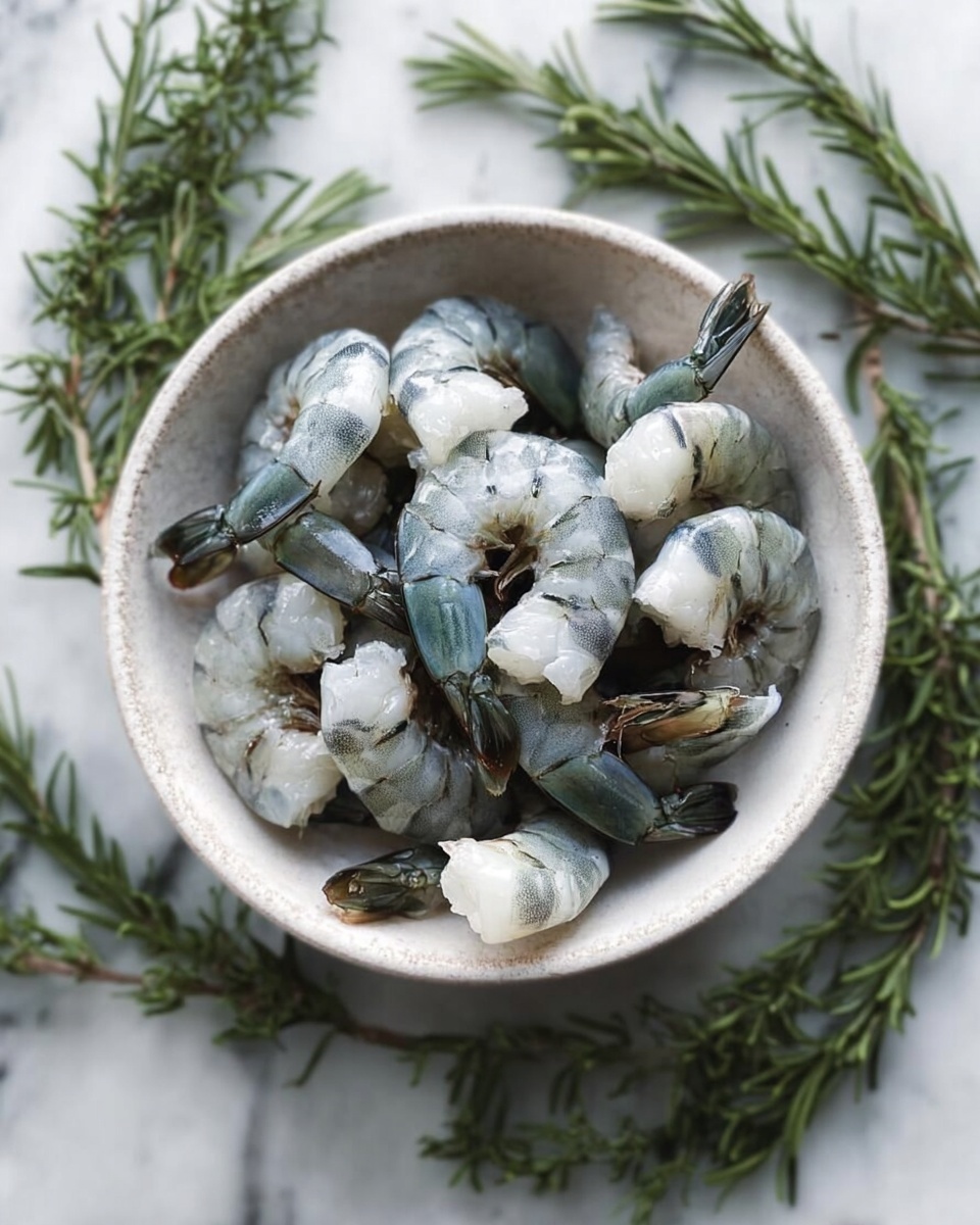 Brown Butter Rosemary Shrimp Skewers Recipe 4 A white bowl filled with peeled raw shrimp showing a mix of white and blue-gray colors with black lines along their curled shapes. The bowl sits on a white marbled surface, surrounded by sprigs of fresh green rosemary arranged around it. The scene is well lit, highlighting the shrimp’s smooth and slightly shiny texture. Photo taken with an iphone --ar 4:5 --v 7