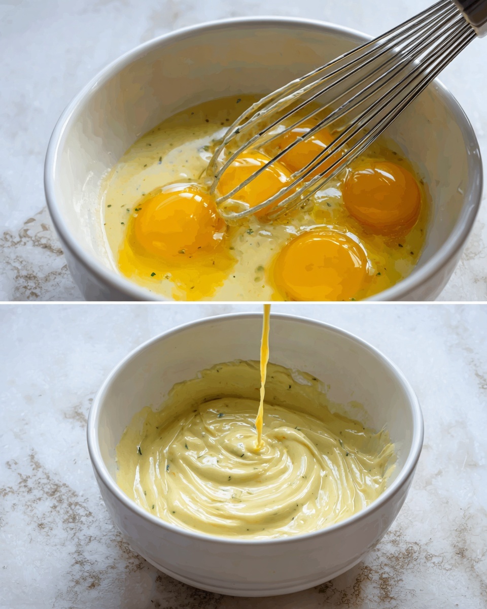 A white bowl on a white marbled surface holds layers of ingredients being mixed. The first layer is a pale beige batter settled at the bottom of the bowl. On top in the second layer, five bright yellow egg yolks sit, slightly covered by transparent egg whites, creating a contrast with the batter beneath. The third layer shows a steel whisk inside the bowl, with a light yellow liquid being poured in, some green herb specks visible in the mix. The final layer captures the batter as a thick pale yellow mixture with the whisk creating a swirling texture throughout the batter. Photo taken with an iphone --ar 4:5 --v 7