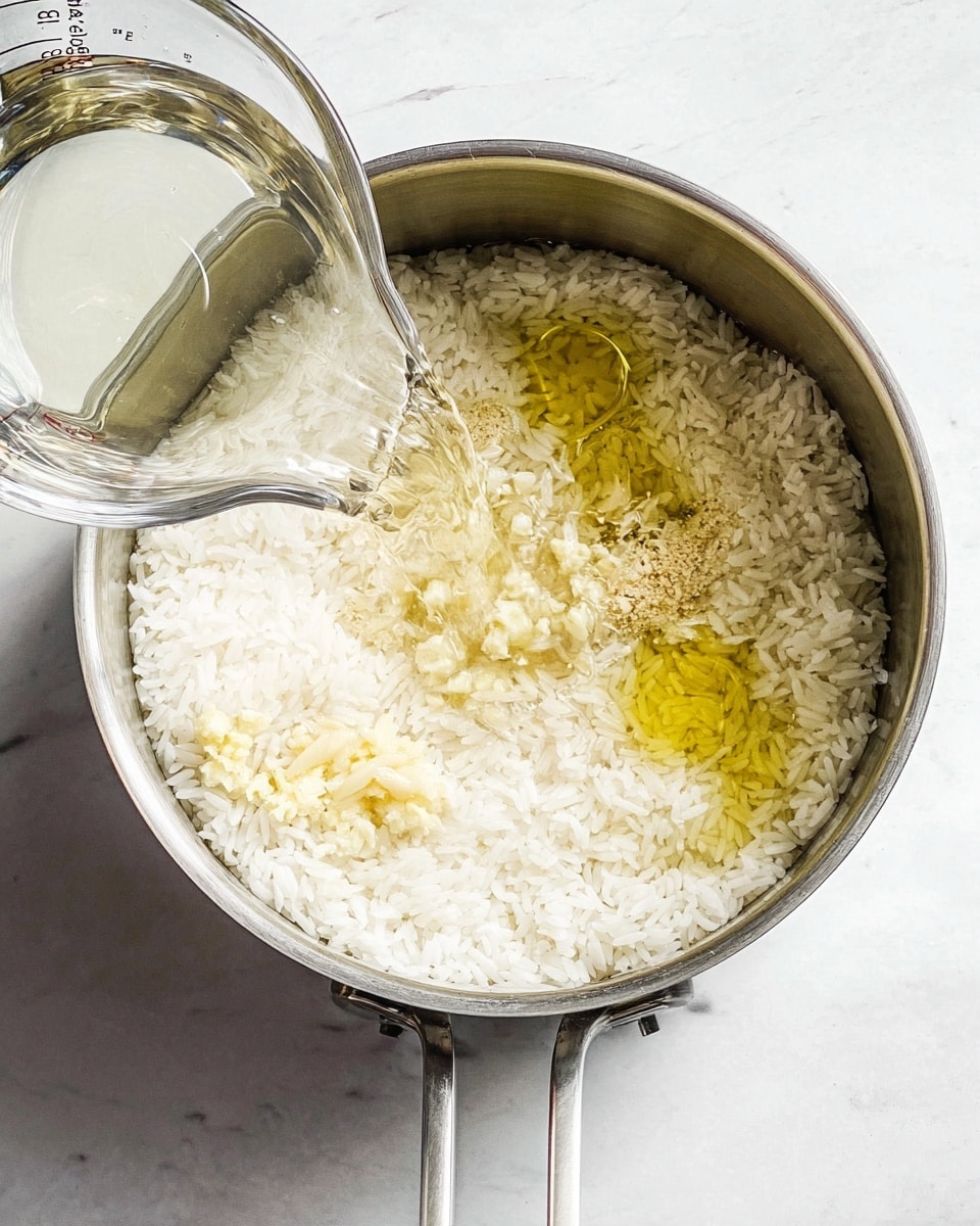 A top-down view of a metal pot filled with white rice at the bottom, topped with minced garlic, some salt, and two small pools of light yellow oil. Clear water is being poured from a glass measuring cup into the pot, covering the rice and ingredients. The pot is placed on a white marbled surface. photo taken with an iphone --ar 4:5 --v 7