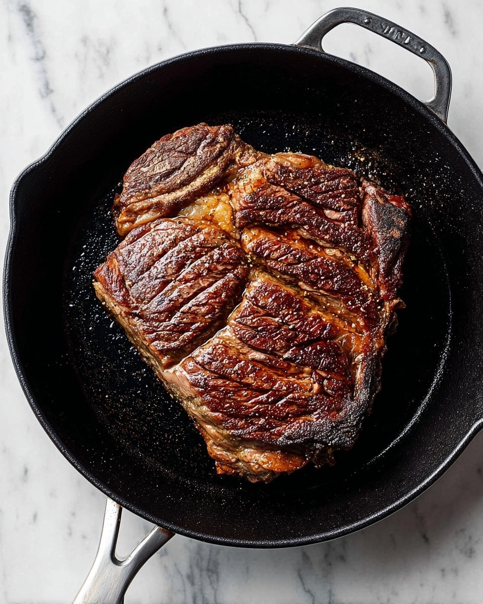 A large, thick piece of cooked steak with a deep brown, slightly charred crust sits centered in a black cast iron pan. The steak shows textured grill marks and visible seasoning, with areas of lighter brown and golden hues from the searing. The pan handle, white in color, rests on a white marbled surface that contrasts with the dark pan and steak, making the colors of the meat stand out sharply. The scene is lit naturally, highlighting the juicy texture and rich color of the steak. photo taken with an iphone --ar 4:5 --v 7