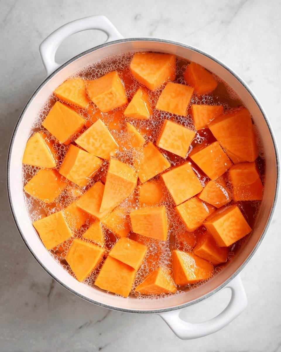 A white pot filled with bright orange sweet potato pieces soaking in clear water with small bubbles rising on the surface. The sweet potato chunks vary in size and shape, mostly cubed or slightly triangular, evenly spread inside the pot. The pot sits on a white marbled surface, creating a clean and simple background that highlights the vividness of the sweet potatoes. Photo taken with an iphone --ar 4:5 --v 7
