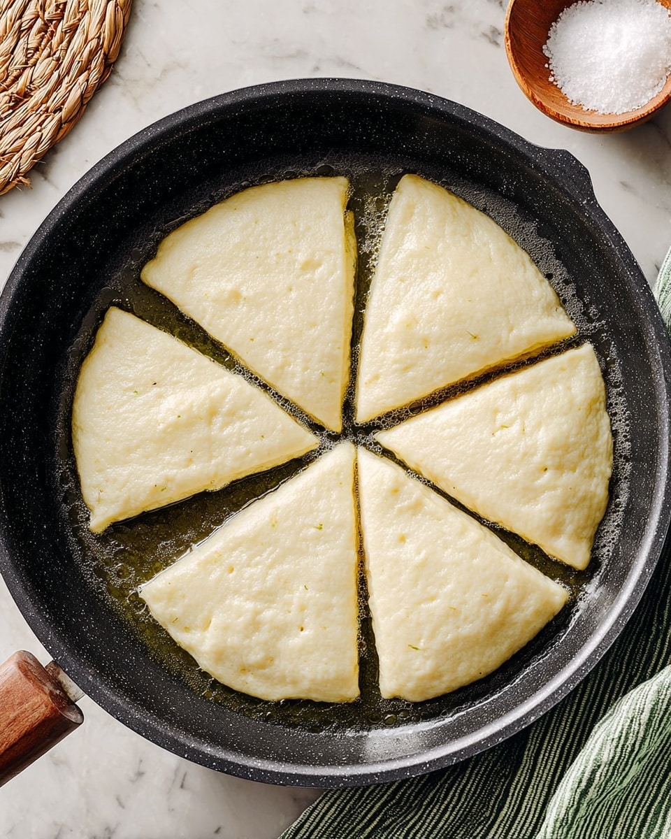 A black frying pan with a lightly speckled surface holds six thick dough slices arranged like pie slices, fitting tightly side by side. The dough pieces are pale cream color with a smooth and slightly glossy texture, floating in a shallow layer of bubbling oil along the edges. The frying pan rests on a white marbled surface near a woven mat in the top-left corner and part of a green striped cloth on the right side. A wooden bowl filled with salt is partly visible in the upper right corner. photo taken with an iphone --ar 4:5 --v 7