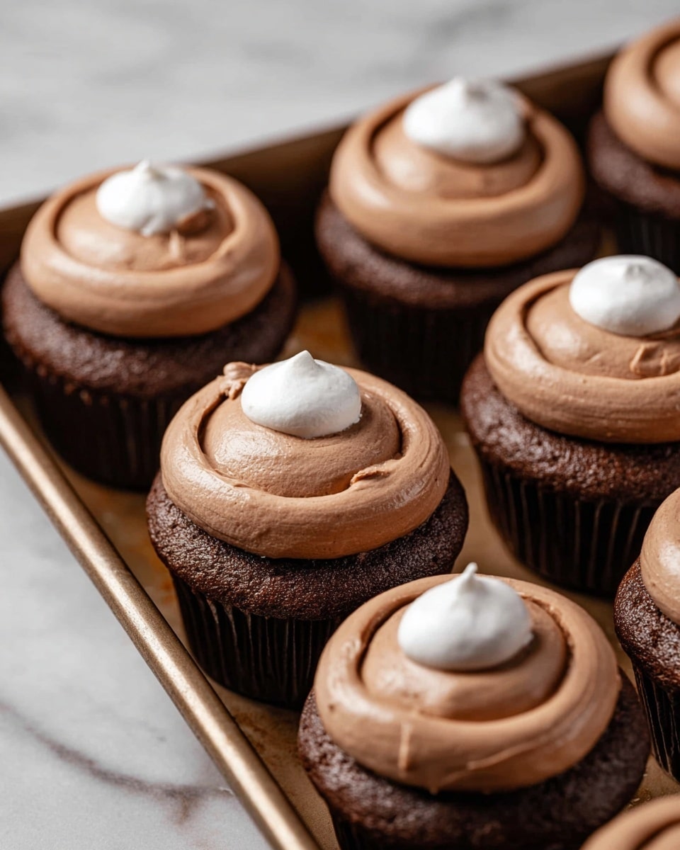 A group of dark brown chocolate cupcakes are placed close together on a metal tray, each topped with a smooth layer of light brown chocolate frosting swirled in a circular motion. In the center of the frosting on each cupcake is a small dollop of white cream, adding contrast to the overall look. The background shows a soft, out-of-focus white marbled texture, highlighting the cupcakes as the main focus. The image is clear and bright, showing details in the frosting texture and the cupcakes’ round shape. photo taken with an iphone --ar 4:5 --v 7
