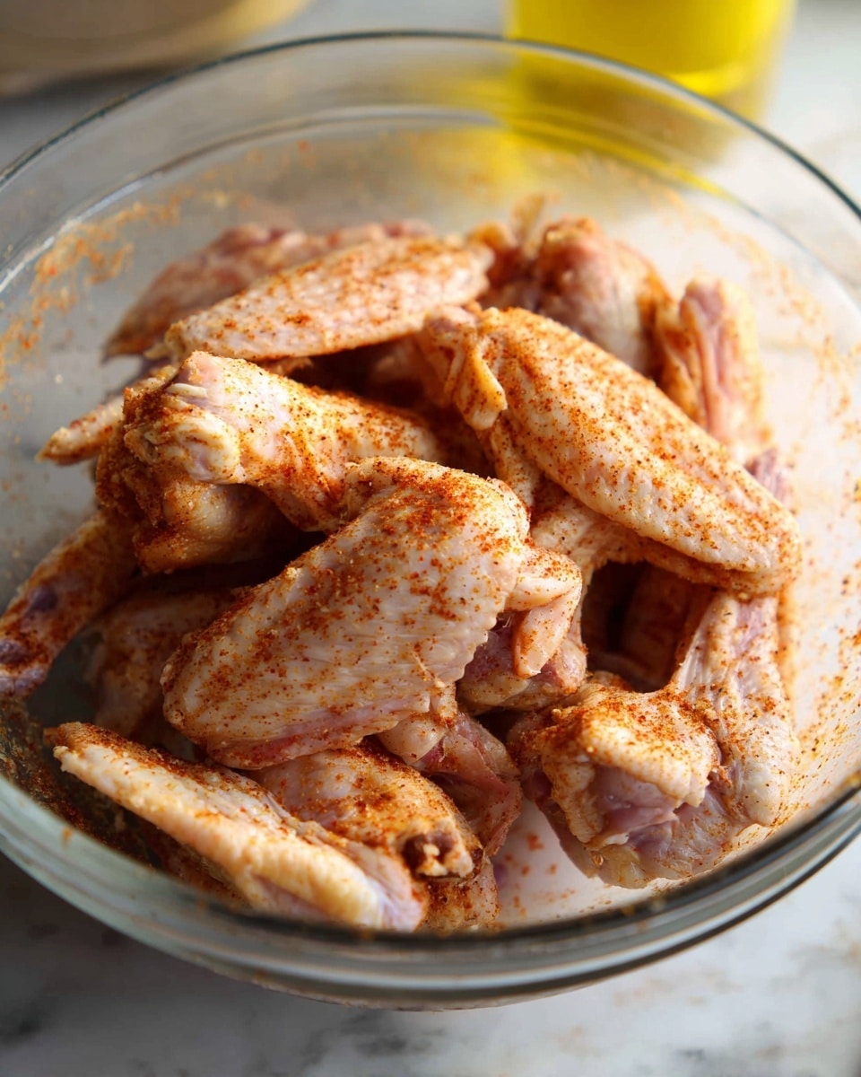 A white plastic container of raw chicken wings covered with clear plastic wrap is placed on a rich wooden board. Around it are small bowls and cups holding various ingredients: a white bowl with a pale yellow liquid on the left, a glass bowl with white powder above it, a small brass cup holding honey-colored liquid with herbs, a white bowl with salt, black pepper, and crushed flakes below, and a glass bowl with mixed dry colorful spices. A whole bright yellow lemon sits near the top right corner of the board. The background is a white marbled texture. Photo taken with an iphone --ar 4:5 --v 7