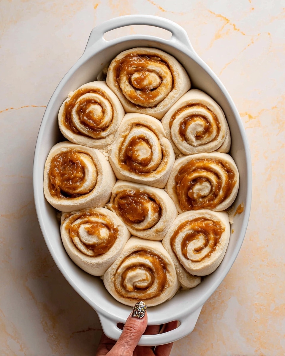 A white oval baking dish filled with ten soft dough rolls arranged tightly together, each roll showing a spiral pattern of light beige dough and a thick layer of smooth, caramel-colored filling. The dough looks slightly floured on the outer edges, giving a matte texture, while the filling is shiny and creamy. The dish is held at the bottom handle by a woman's hand with decorative nails. The background has a white marbled texture. photo taken with an iphone --ar 4:5 --v 7