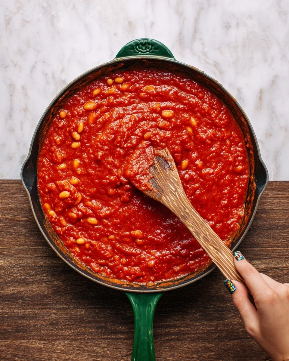 A close-up top view of a green skillet filled with thick red tomato sauce mixed with light yellow beans, showing different textures of smooth sauce and soft beans evenly spread across the pan. A wooden spoon with a natural grain pattern is stirring the mixture from the right side of the skillet while a woman's hand with decorated nails holds the green handle at the bottom, all placed on a white marbled background. photo taken with an iphone --ar 4:5 --v 7