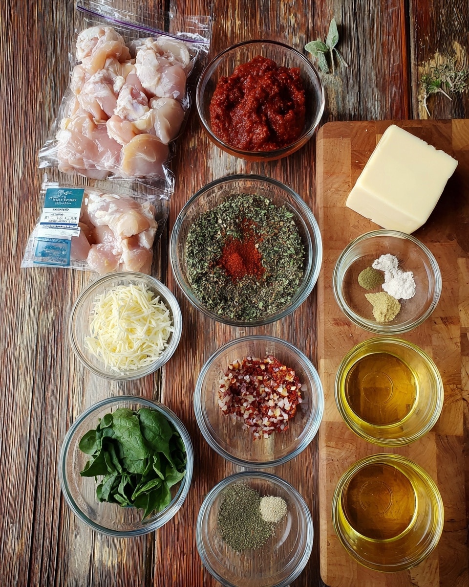 The image shows a collection of cooking ingredients arranged on a wooden surface with a cutting board to the right. At the top left, there is a pack of raw chicken pieces in clear plastic. Next to it, a small clear bowl contains a thick red paste. Below that, there is a clear bowl filled with a mix of green and black dried herbs and a sprinkle of red powder on top. To the right, another clear bowl holds light and dark powdered spices. Near the center bottom, there are two small clear bowls, one with finely chopped red bits and the other with minced light garlic in oil. Around these bowls, there are several other small clear containers holding shredded green herbs, leafy spinach, white liquid, golden oil, dark green paste, and fine grated cheese. A small cube of butter sits on the top right corner near the cutting board. photo taken with an iphone --ar 4:5 --v 7