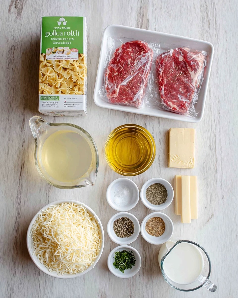 The image shows an overhead view of various cooking ingredients neatly arranged on a white marbled surface. In the top left corner, there is a box of gluten-free farfalle pasta with a green and white label. Below it, there is a white tray with two raw red meat steaks wrapped in clear plastic. To the right of the pasta box, there is a small glass bowl filled with golden olive oil, a clear measuring jug with light yellow broth, and a small bowl with grated garlic. Below these, three small white bowls contain different spice blends, including black pepper, salt, and green herbs. A two-stick block of butter rests beside the spices. At the bottom left, there is a full white bowl of shredded cheese, and next to it a clear measuring jug filled with white milk or cream. All items are clearly visible and packed in an organized layout. Photo taken with an iphone --ar 4:5 --v 7