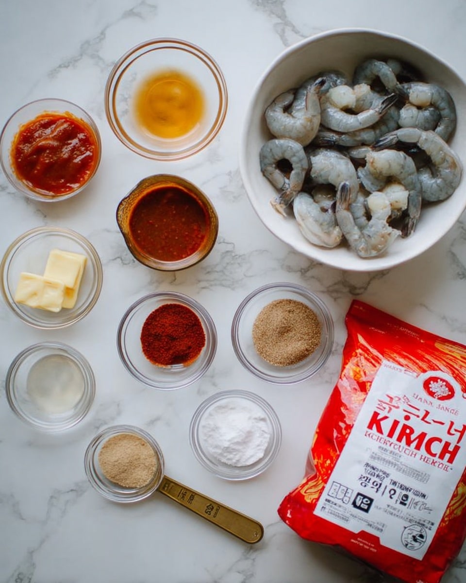 The image shows various cooking ingredients arranged on a white marbled surface. In the top right, there is a white bowl filled with raw shrimp, grayish with a slight translucence. Below it, on the right side, is a red and white bag of kimchi with clear text. Around these are small clear glass bowls and golden measuring cups filled with different items: orange-red sauce, a yellow pat of butter, a small amount of brown sugar, a beige seasoning mix, red chili powder, honey-colored liquid, and a white powder that looks like flour or starch. All items are neatly spaced, showing their distinct colors and textures. Photo taken with an iphone --ar 4:5 --v 7