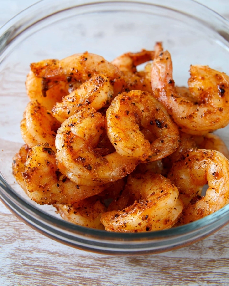 A clear glass bowl filled with about fifteen cooked shrimp, each shrimp showing a warm orange color with visible dark seasoning pieces and slight char marks. The shrimp are piled loosely in the bowl, showcasing their curved shape and slightly glossy texture. The background is a white marbled texture. photo taken with an iphone --ar 4:5 --v 7