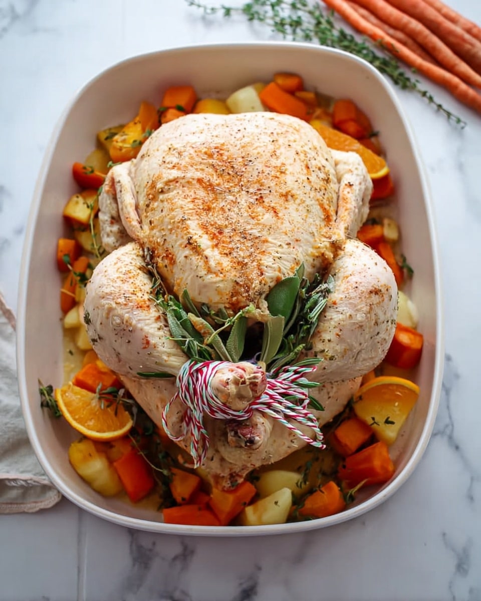 A raw whole chicken with a light brown spice rub covers the skin, placed in the center of a white roasting pan. The wings are tied together with red and white string at the front, while herbs and seasoning are stuffed inside the cavity. Surrounding the chicken at the bottom of the pan are a mix of orange carrot chunks, bright orange orange wedges, and sprigs of green herbs. The pan rests on a white marbled surface, with some whole carrots visible in the background. Photo taken with an iphone --ar 4:5 --v 7