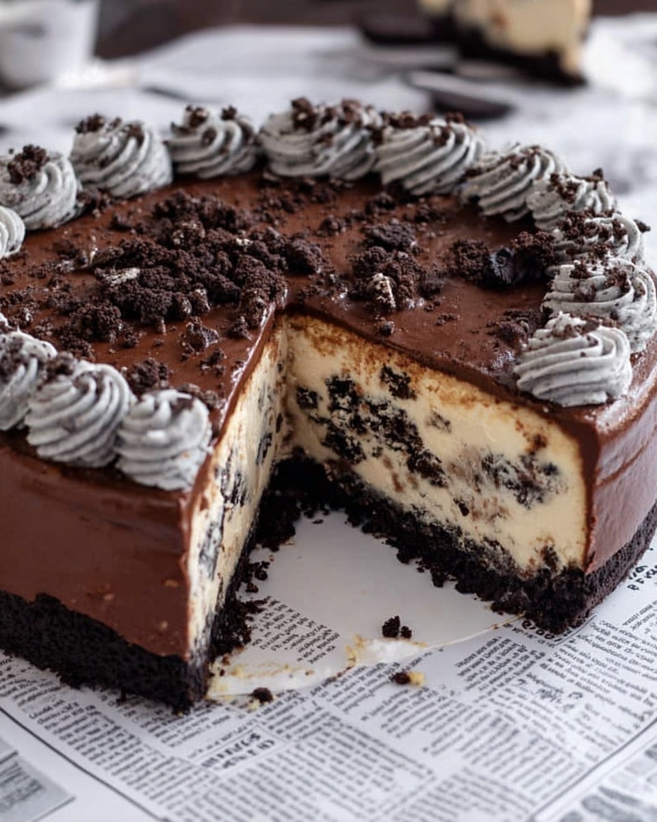 A round cheesecake with three visible layers is shown on a white marbled surface covered with newspaper print. The bottom layer is dark brown and crumbly, resembling a cookie crust. The thick middle layer is pale cream with small black cookie pieces mixed evenly throughout. The top layer is shiny and smooth dark brown chocolate that covers the entire cake surface. Around the edge of the chocolate are thick swirls of light gray cream mixed with cookie crumbs, creating a textured border. A large slice is missing from the cake, revealing all three layers clearly. photo taken with an iphone --ar 4:5 --v 7
