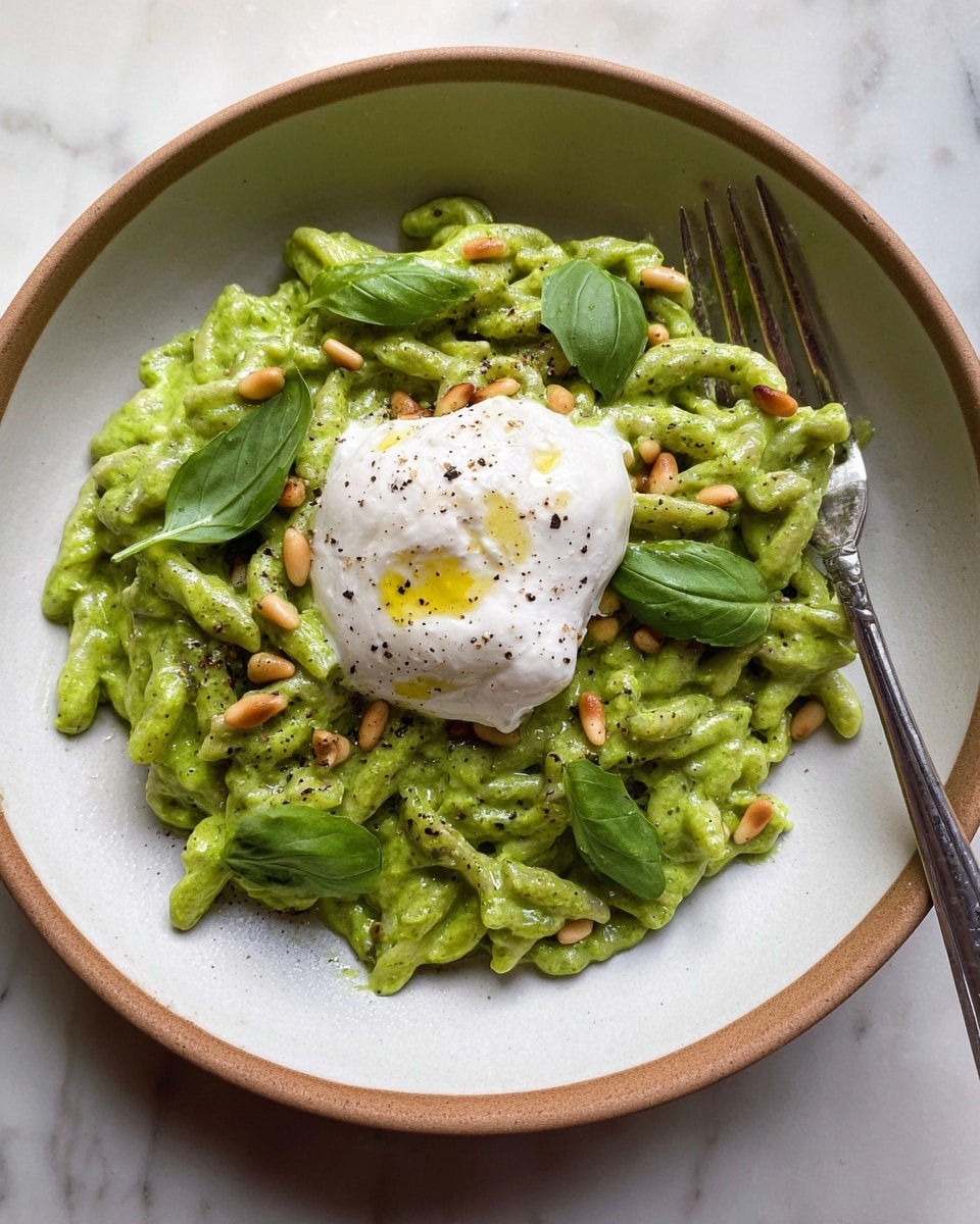 The dish shows one deep layer of twisted pasta covered in bright green creamy sauce with a thick texture, topped in the center by a dollop of soft white cheese with a slightly uneven surface. Scattered on the cheese and pasta are small light brown toasted pine nuts and fresh green basil leaves. A few drops of golden olive oil and specks of black pepper are visible on the cheese. The pasta is served in a round white bowl on a white marbled surface, with a silver fork resting on the left side of the pasta. photo taken with an iphone --ar 4:5 --v 7