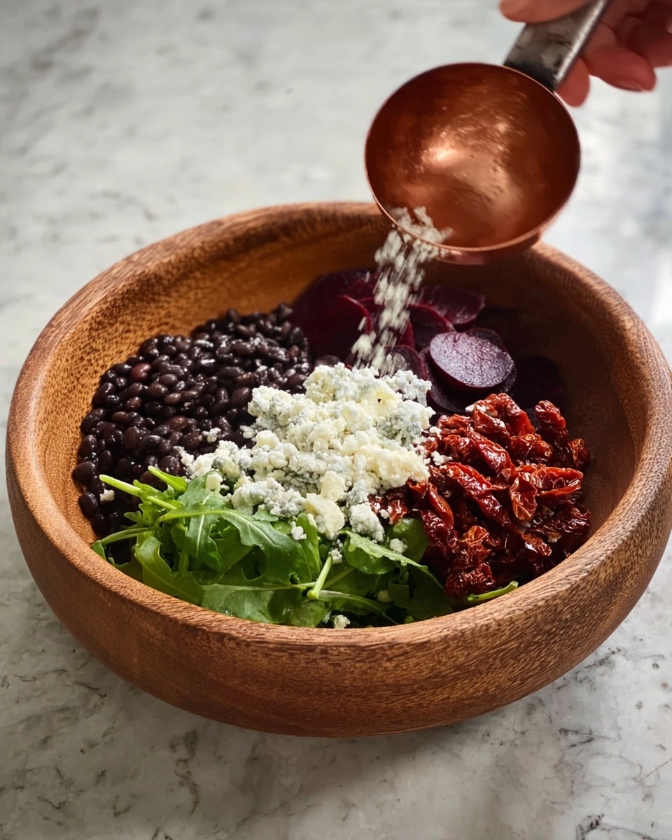 A wooden bowl filled with a colorful salad arranged in clear sections: on the left, there are shiny black lentils; next to them, a layer of deep red beet slices; in the center, a small mound of white cheese topped with chopped light green scallions and scattered walnut pieces; to the right, bright orange sun-dried tomatoes sit beside fresh green leafy arugula. A golden-brown dressing is being poured over the salad from the top right corner, against a white marbled surface background. Photo taken with an iphone --ar 4:5 --v 7