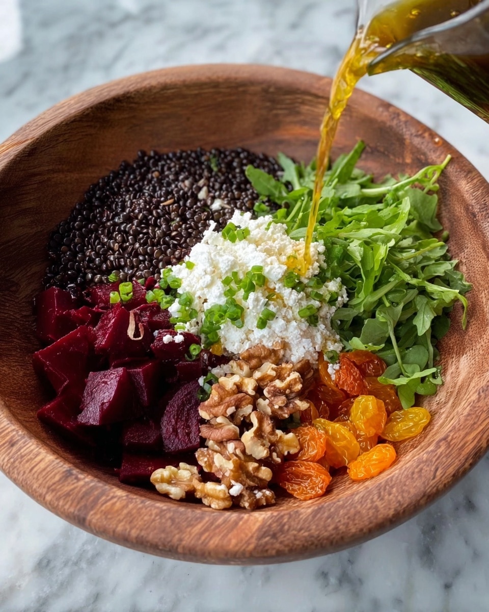 A wooden bowl holds a salad with five clear layers arranged side by side: on the left, dark black beans with a tiny shine, next deep purple sliced beets with a smooth texture, followed by bright green leafy arugula, then reddish-brown sun-dried tomatoes with a slightly wrinkled look, and finally, white crumbled cheese being poured from a copper measuring cup held by a woman's hand above the bowl. The bowl rests on a white marbled surface. Photo taken with an iphone --ar 4:5 --v 7