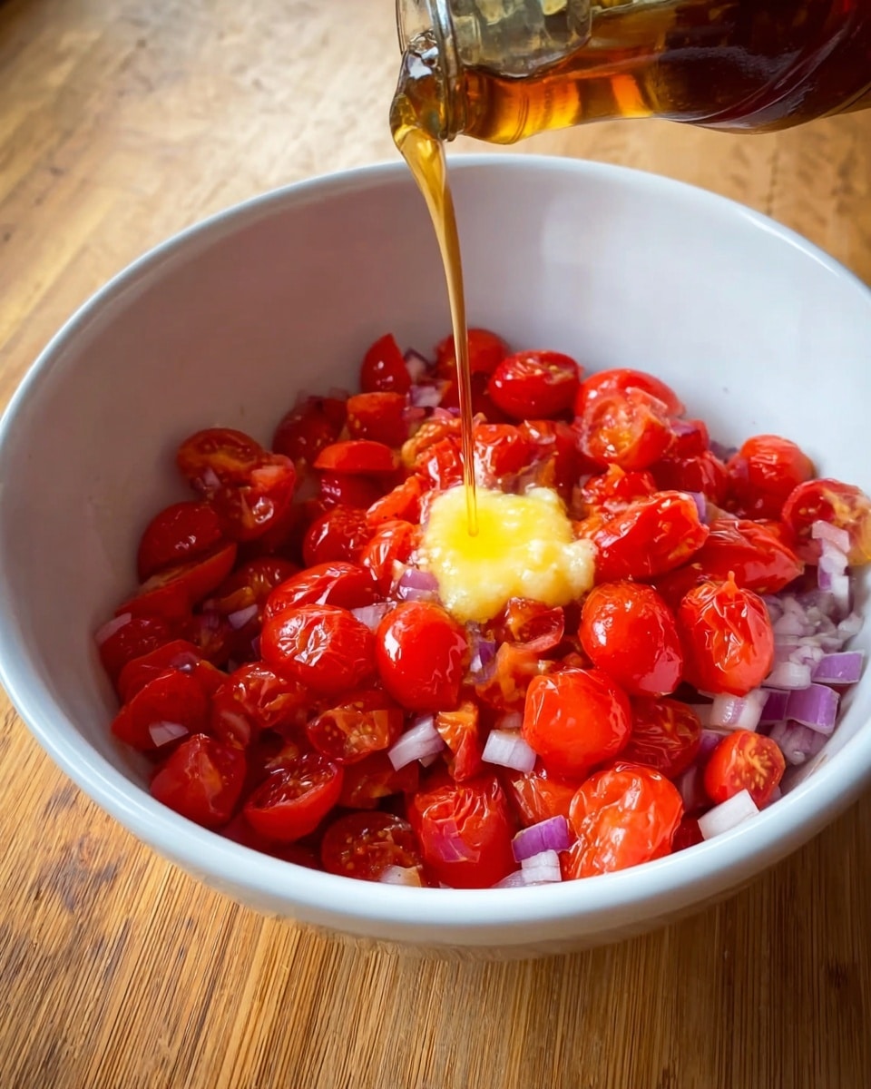 A white bowl filled with bright red cherry tomatoes that are cut into pieces, mixed with small diced purple onions at the bottom, and a yellow dollop of softened butter in the center. A dark amber liquid is being poured slowly over the butter and tomatoes from a clear bottle angled from the top right corner. The bowl sits on a wooden surface. photo taken with an iphone --ar 4:5 --v 7