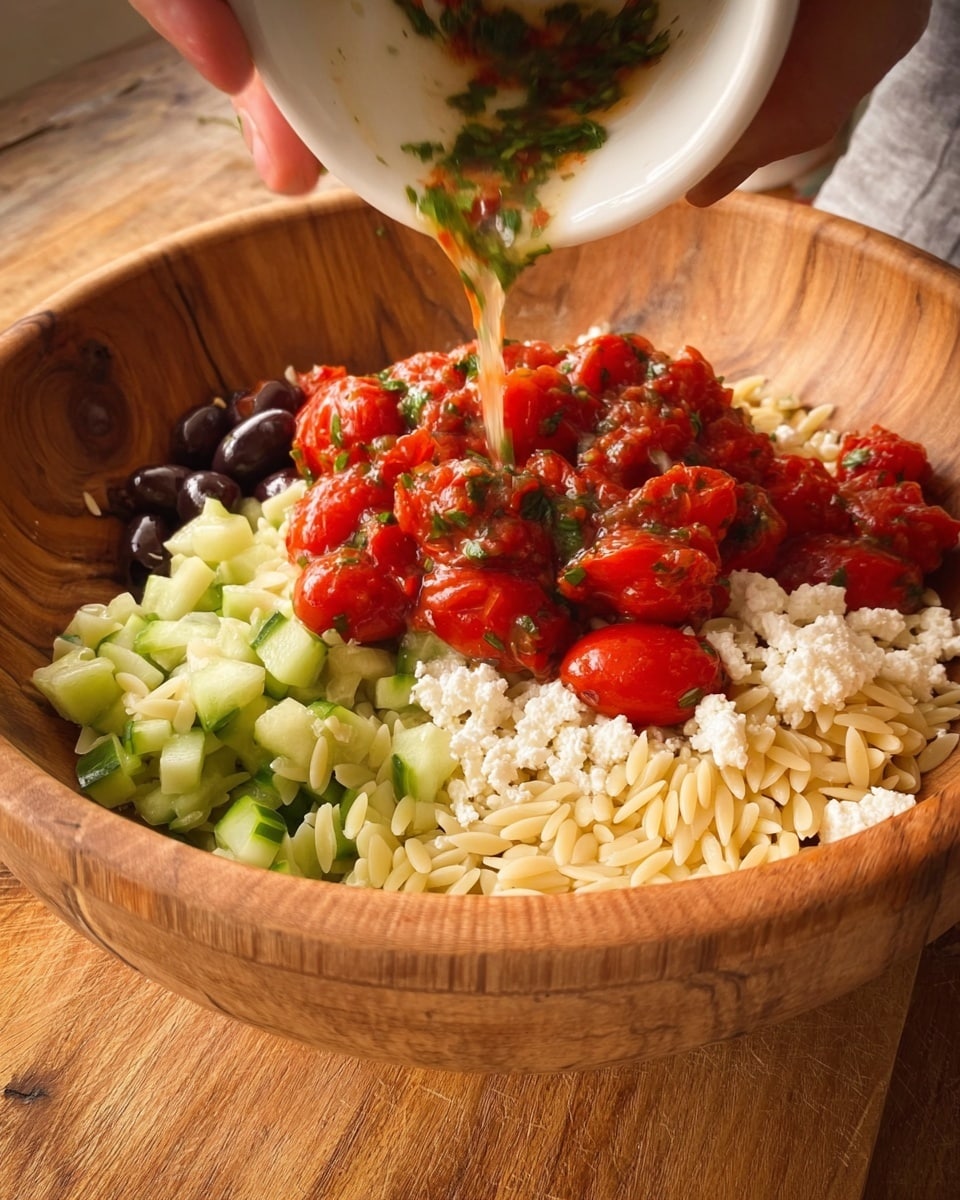A wooden bowl holds five distinct layers of fresh ingredients: bright red cherry tomatoes mixed with green herbs in a sauce being poured from a white bowl by a woman's hand at the top center; to the left are small black olives; to the right is crumbly white cheese; below are pale yellow orzo pasta and fresh light green cucumber cubes. The bowl rests on a wooden surface. photo taken with an iphone --ar 4:5 --v 7