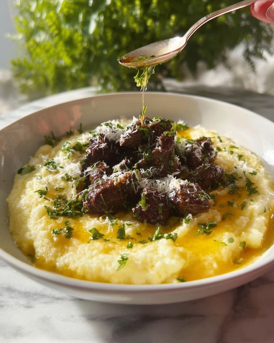 A bowl of creamy mashed potatoes forms the first layer, smooth and pale yellow with a glossy texture, spread evenly across the bottom of a white bowl. On top, there is a pile of dark brown cooked meat pieces with a slightly crispy texture, coated generously with a vibrant green herb sauce. The green sauce looks fresh and finely chopped, mixed with grated white cheese sprinkled over the meat. Around the mashed potatoes, there is a pool of melted golden butter with a few green herb flakes scattered. A silver fork rests partly in the mashed potatoes on the left side of the bowl. The bowl is set on a white marbled surface with a lemon, bunch of leafy greens, and garlic visible in the soft-focused background. photo taken with an iphone --ar 4:5 --v 7